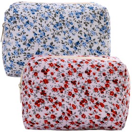 GEMGIMY Floral Zipper Travel Makeup Bags, Set of 2 Large Capacity Cosmetic Bags, Portable Pouch Open Flat Toiletry Bag for Women Size 6.7 * 4.35 * 2.8 in