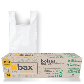 BAX Camiseta Pack 100 bolsas Bolsas biodegradables tipo camiseta Únicas con tecnología libre de plástico extra fuertes, compostables certificadas 100 bolsas medianas. 25x47cm