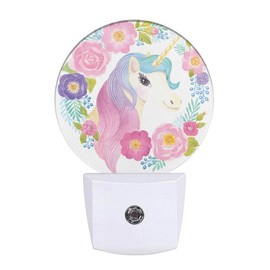 Uanvaha Girl Unicorn Plug in Night Light Cute Animal Unicorn with Rainbow Hair Spring Flowers Leaf Nightlight Dusk to Dawn Sensor LED Lamp for Bedroom Bathroom 0.5W Sleep Friendly