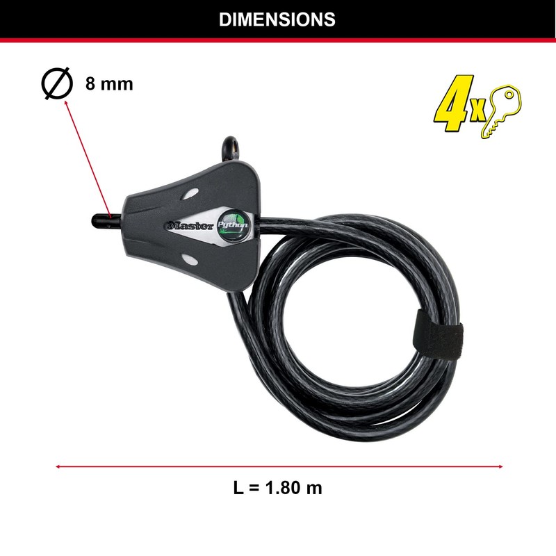 Master Lock 8418EURD Verstellbares Kabelschloss mit Schüsselschloss [Kabel einstellbar von