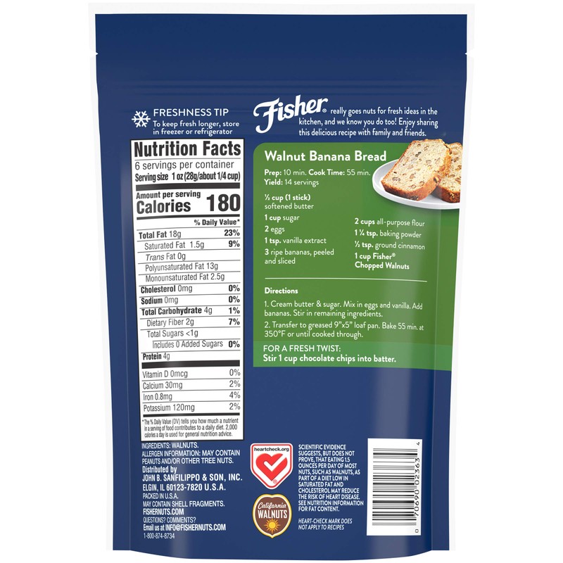 Fisher Chopped Walnuts, 6 Ounces, California Grown Walnuts, Unsalted, Naturally
