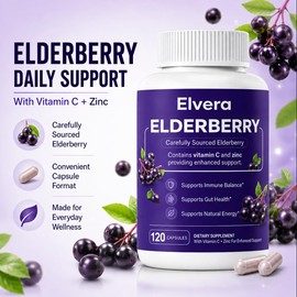 Elvera Elderberry Gut Support - Vitamin C & Zinc, Daily Antioxidant & Wellness Support, Vegan and Gluten-Free Capsules for Adults, 120 Capsules