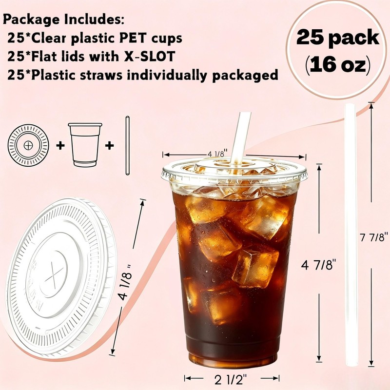 Artpreti 25 Pack 16 oz Clear Plastic Cups with Lids