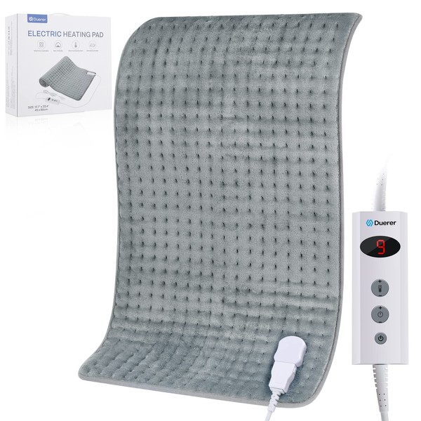 Duerer Electric Heating Pad For Back Pain 33.4"x17.7" Large Size Heating Pad Period Cramps Relief, 10 Temperature Set & 90mins Timer Set Auto OFF, Body Relaxation Portable Pad Machine Washable, Gray