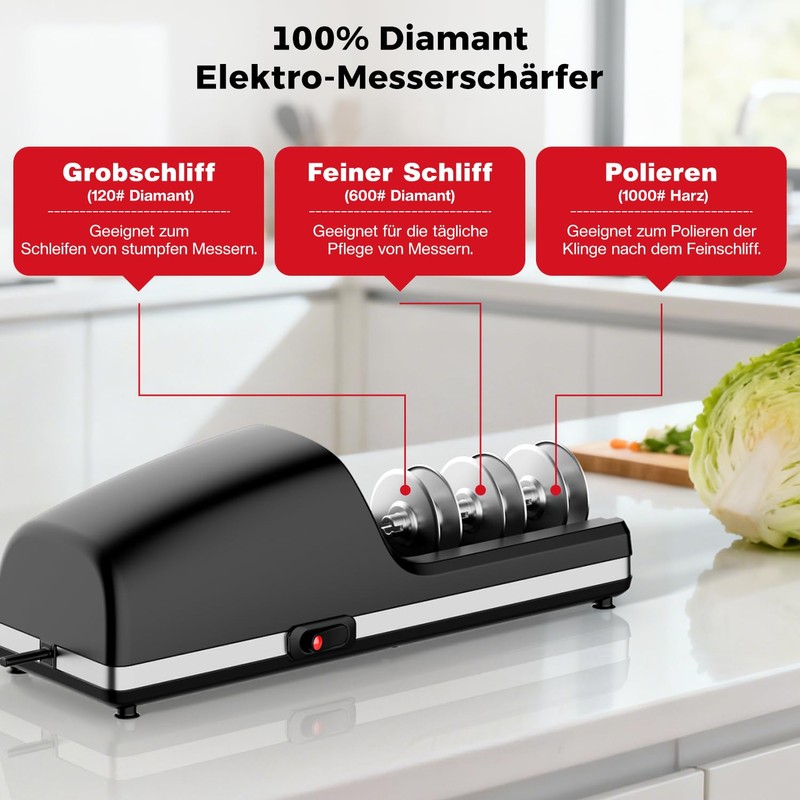 Professional Electric Knife Sharpener, 3-Stage Diamond Abrasive Sharpening System, Replaceable