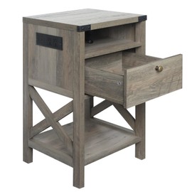 Rainbow Sophia Nightstand with Charging Station, Modern End Table with Drawer, Bedside Table with Open Storage, Washed Oak
