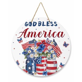 Independence Day Flowers Vase Welcome Sign for Front Door American Flag Round Wooden Wreath Door Hanger Porch Decoration Wall Hanging Decor for Home Beach Restaurant Shop, 12 Inch