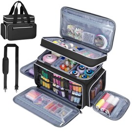 Large Sewing Supplies Organizer, Double Layer Sewing Storage Organizer with Two Detachable Dividers, Travel Sewing Bag Organizer with Shoulder Strap for Accessories, Black, (Bag Only)