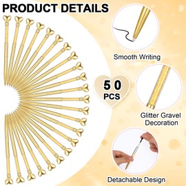 Jetec 50 Pcs Heart Shaped Ballpoint Pens Bulk Valentine's Day Gifts Wedding Glitter Retractable Metal Pens Black Ink Diamond Crystal Bling Bridal Shower Gifts Office Supplies(Gold)