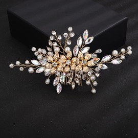 Teyglen Crystal Wedding Hair Comb Bridal Flower Rhinestone Hair Side Comb Gold Silver Rhinestone Pearl Headpieces Floral Crystal Hair Pieces Hair Accessories for Women Girls (Gold)
