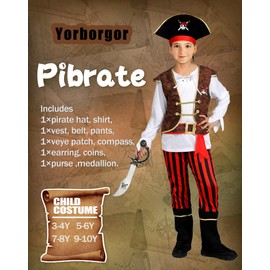 Yorborgor Pirate Costume for Kids Pirate Outfit for Boys Pirate Cosplay Party Dress Up (White, 3-4 Years)