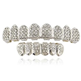 Psivika Gold Teeth Grillz for Men Grills for Your Teeth Women 18K Plated Iced Out Diamond Poker Heart CZ Top and Bottom Grill Set Hip Hop Rapper (Silver)