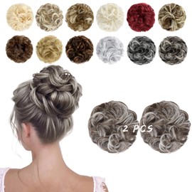FeidyLong 2 PCS Messy Bun Hair Piece Wavy Curly Hair Bun Scrunchies Extensions Synthetic Chignon Thick Updo Hairpieces for Women Girls(Ash Blonde mix Light Gray)