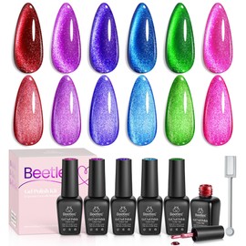 Beetles Cat Eye Gel Nail Polish,6 Colors Cat Eye Glitter Gel Nail Polish Set Green Purple Pink Gel Nail Polish with Magnet Velvet Nails DIY Manicure Gift for Women