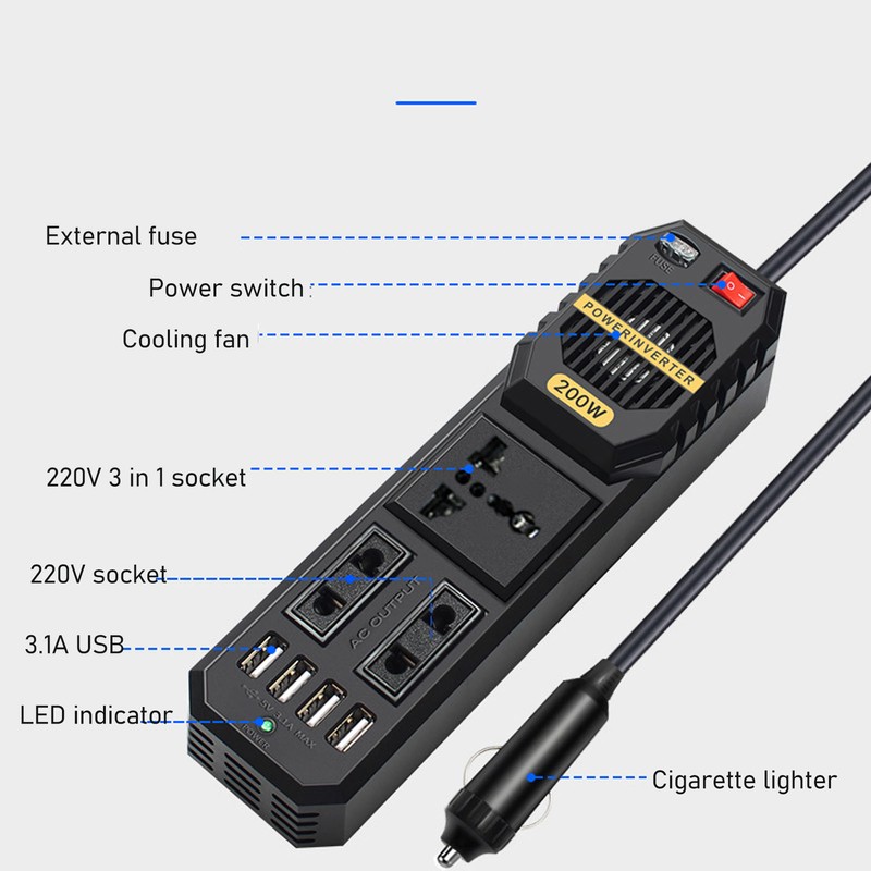 Car Power Inverter 200W DC 12V to AC for Vehicles