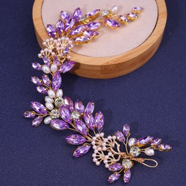 Adjustable Flower Crown Headband for Women - Floral Garland Hair Wreath with Crystal Accents Perfect for Weddings Flower Wands Photo Props (Purple Beaded CZ, Adjustable)