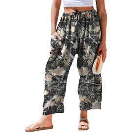 TARSE Womens Linen Wide Leg Pants Casual Loose Drawstring Low Waist Beach Palazzo Harem Pants with Pockets(MapleLea,L)