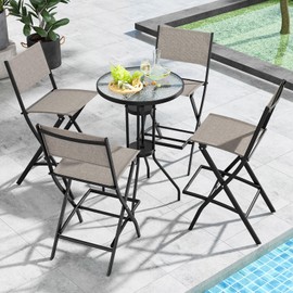 COSTWAY Outdoor Patio Bar Chair Set of 4, Folding Bar Height Stool with Metal Frame & Footrest, Patio Bar Stool for Balcony, Garden & Poolside (4, Coffee)