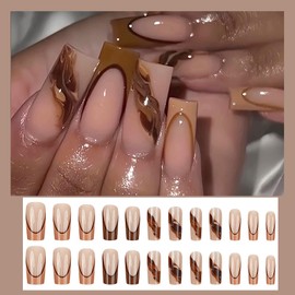 French Press On Nails Coffin Fake Nails Brown Marble Sticky Nails Glossy Artificial Acrylic Nails Kit Cute Nails Reusable Full Cover Acrylic Stick On Nails Press On Nails For Women