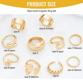 Calkkrer 10-Piece Gold Ring Set for Women, Gold-Plated Thick Stacking Rings, Jewellery Set with Chunky Design, Waterproof, Adjustable, Statement Ring, Engagement Ring