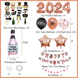 Happy New Year Decorations 2024 Set, 61PCS Rose Gold New Years Eve Party Supplies 2024 Kit with Happy New Year Banner and Champagne Balloons for New Years Eve Backdrop