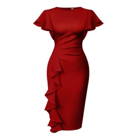 Memoriesea Women's Vintage Church Ruffle Sleeve Ruched Bodycon Work Midi Pencil Dress Red