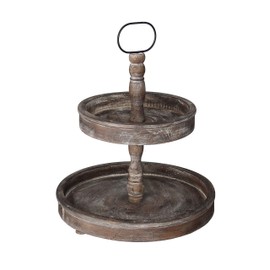 Deluxe Lamp Distressed Antique White Wood Metal Handle 2-Tier Wooden Tray Dining Table Counter Home Decor (Antique Brown)