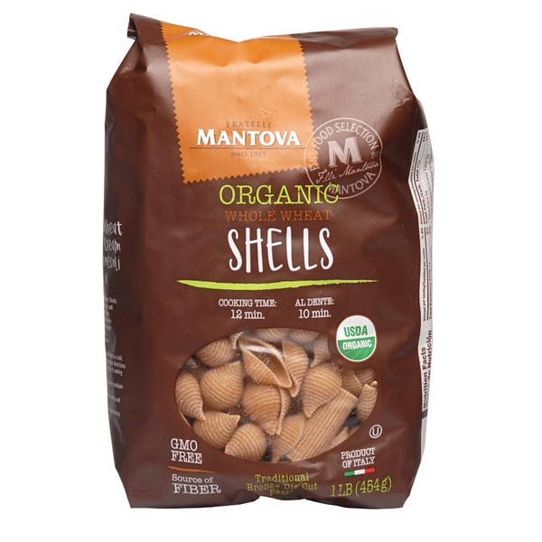 Mantova Italian Organic Whole Wheat Pasta, Shell, 1-Pound Bags (Pack of 12), made from durum wheat that has become synonymous with flavor, quality, goodness, nutritional value.