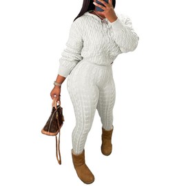 Nimsruc Knit Two Piece Outfits For Women Sweater Sets Long Sleeve Pullover Tracksuits Lounge Sweatsuits Hoodie Crochet Pants Sets Matching Clothing Off White L