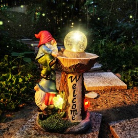 Qukueoy Garden Gnomes Statues Outdoor Decor with Solar Lights, Animal Outside Garden Decorations for Yard, Funny Gnome Gifts (Fountain)