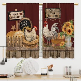 CINEKER - Cortinas de cocina de gallo rústico para el baño, cortinas de tratamiento de ventana, cortinas de girasol, clásico, café, recámara pequeño, cortinas cortas, 2 paneles de 27.5 x 39 pulgadas