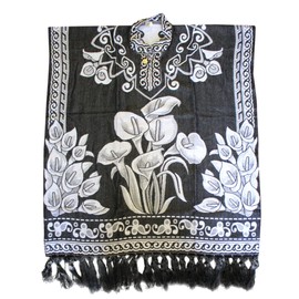 Del Mex Hand Woven Mexican Shawl Poncho Gaban Calla Lily Bouquet Alcatraz Flor (White)