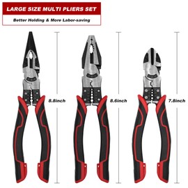 TOOLEAGUE 3Pcs Heavy Duty Pliers Set, 5 in 1 Lineman Pliers, Diagonal Side Cutting Pliers, Needle Nose Pliers with Wire Stripper/Crimper/Cutter Function