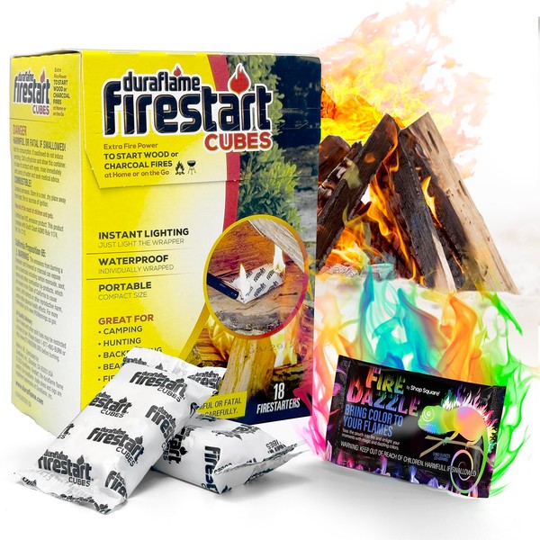 Fire Starter Cubes for Indoor and Outdoor Use - Quick Ignition Fire Logs for BBQ, Fireplace, Fire Pit and Campfires (18 Pack) - with Bonus Fire Color Changing Packet