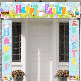 AIBIIN 3PCS Easter Decorations Banner Blue Bunny Eggs Chicken Yard Fence Cover Hanging Porch Sign Spring Bunny Eggs Easter Party Supplies Indoor Outdoor