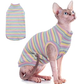 Sphynx Hairless Cats Rainbow Stripe Cat T-Shirts, Turtleneck Sweater, Pullover Pajamas, Round Collar Vest