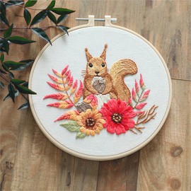 Meecaa Squirrel Flower Leaves Pinecone Embroidery Kit Starter Set, Hand Embroidery Set,Pattern Printed Cross Stitch Set for Beginner Adults, with Embroidery Hoop and Instructions (Squirrel)