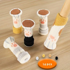 Pack of 16 chair leg protectors, chair socks with felt, protection of the wooden floor, noise reduction, cat paw pattern (black)