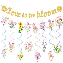 Floral Wildflower Bridal Shower Decorations,Love is in Bloom Banner Sign,with Flower Hanging Swirls for Wedding Shower Party Decor Supplies
