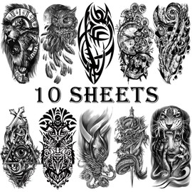 Large Black Temporary Tattoos, 70 Sheets Waterproof Fake Tattoos for Adults and Kids, Half Arm Sleeve Tattoos in 24 cm x 13.6 cm
