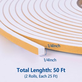 Kikerike Neoprene Self-Adhesive Foam Tape Weatherstrip, 1/4inx 1/4in x 50Ft, High Density Foam Insulation Strips, White