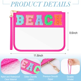 Abbylike 12 Pcs Snack Bags Clear Chenille Letter Zipper Pouch Waterproof PVC Large Bag Travel Makeup Cosmetic Storage Organizer for Mom Team Cheerleaders Teacher (Multicolor,Beach)