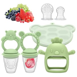Chupete de Frutas,Mordedor sin BPA para Niños,Guante de Silicona para La Dentición con Alimentador de Fruta y Bandeja para Congelador (Verde claro)