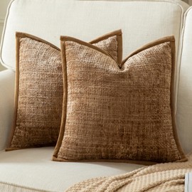 YAERTUN Pack of 2 Chenille Textured Decorative Cushion Covers Accent Solid Throw Pillow Covers Soft Cozy Pillow Case with Velvet Back for Couch Sofa Bed Living Room 18x18 Inch 45x45cm Light Brown