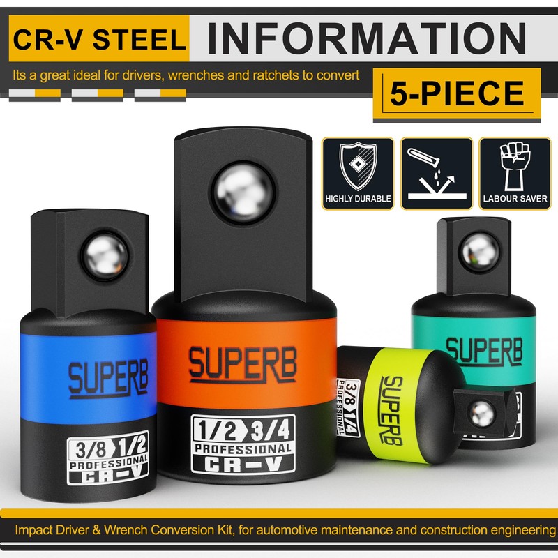 Aiourx 5-Piece Impact Socket Adapter Set, 1/4", 3/8", 1/2" Socket