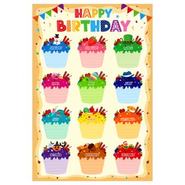 D24TIME Birthday Poster Chart for Classroom-Cupcake Birthday Calendar for Classroom Decorations Waterproof Laminated Happy Birthday Poster for Bulletin Board Decorations Back To School Supplies