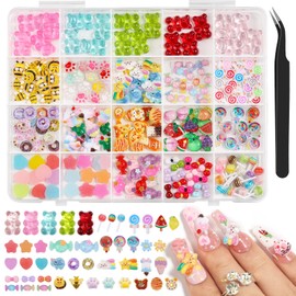3D Cute Resin Nail Art Charms, 230PCS Cartoon Nail Charms with Tweezers: Pizza, Donut, Ice Cream, Bees, Gummy Bear, Fruit Designs for DIY Crafts, Jewelry & Nail Decorations