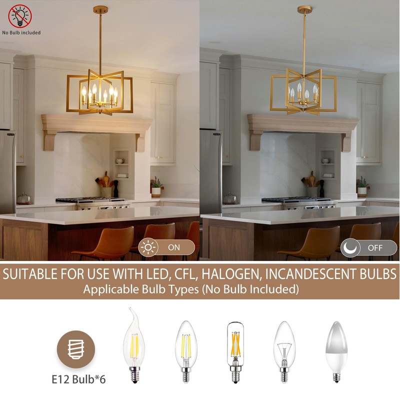 peskoe Gold Chandelier Modern Geometric 6-Light, Farmhouse Dining Room Light