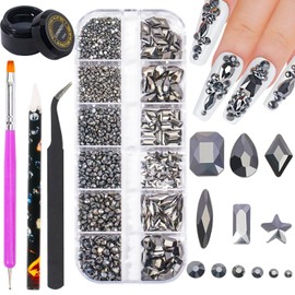 Nail Rhinestones Kit Round Flat Back Rhinestones 1500Pieces Multi Shape 10ml Gel Nail Glue with Mine Grey Nail Gems Nail Crystals Diamonds Jewelry Rhinestones for Nail Design DIY Crafts Decoration