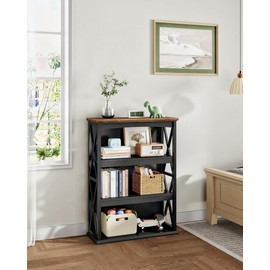 CHOEZON 4-Tier Bookcase, 42.9" Floor Standing Organizer Shelf, Corner Book Stand, Metal Frame, for Study, Bedroom, Living Room, Black and Walnut TSJ01BL